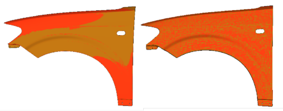 CAD数模与扫描点云之间的偏差(左图:映射前、右图:映射后)