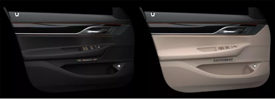 宝马车门：深色和浅色材料反射的照明强度比较。（如果使用黑色材料，需要将亮度提高七倍才能达到相同的视觉效果。）