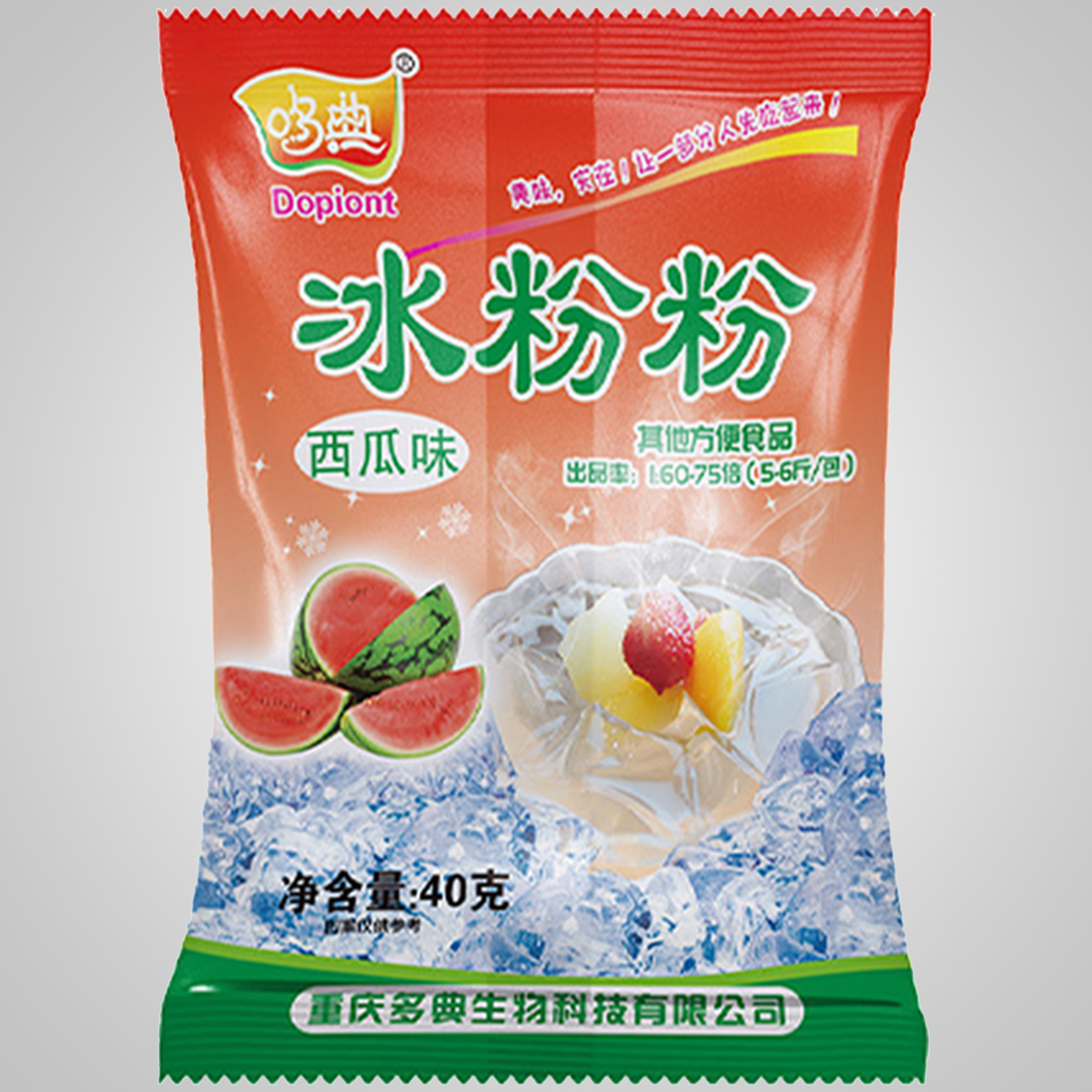 <span style="font-family:Microsoft YaHei, 黑体, Helvetica, Arial, Tahoma, sans-serif;font-size:18px;"><strong>冰粉粉</strong></span><span style="color:#5A5A5A;font-family:Microsoft YaHei, 黑体, Helvetica, Arial, Tahoma, sans-serif;font-size:16px;"><br />
名称：冰粉粉&nbsp; 规格：40g/袋&nbsp; 贮存条件：置于阴凉干燥处,不得与有毒有害物质混堆。&nbsp; 保质期：18个月&nbsp; 配料：食用葡萄糖、魔芋粉、增稠剂(407)、其他(508)&nbsp;&nbsp;制作方法：将5-6斤沸水(不低于90℃)倒入容器中，再将冰粉粉一袋倒入沸水中快速搅拌1-2分钟(或在锅中熬煮2分钟凝固效果更佳)，冷却凝固后即可食用。也可将搅拌好的冰粉粉冰镇后，放入适量的红糖水、白糖、碎花生、枸杞、黑芝麻等食用，口感更佳。</span>