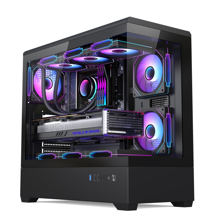 Black New Design E-ATX Glass Gaming Case PSU Down Position Support 360 Cooler Computer Tower Cabinet