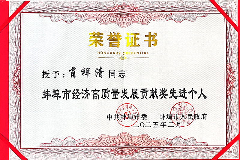 热烈祝贺我司董事长肖祥清荣获“蚌埠市经济高质量发展贡献奖先进个人”