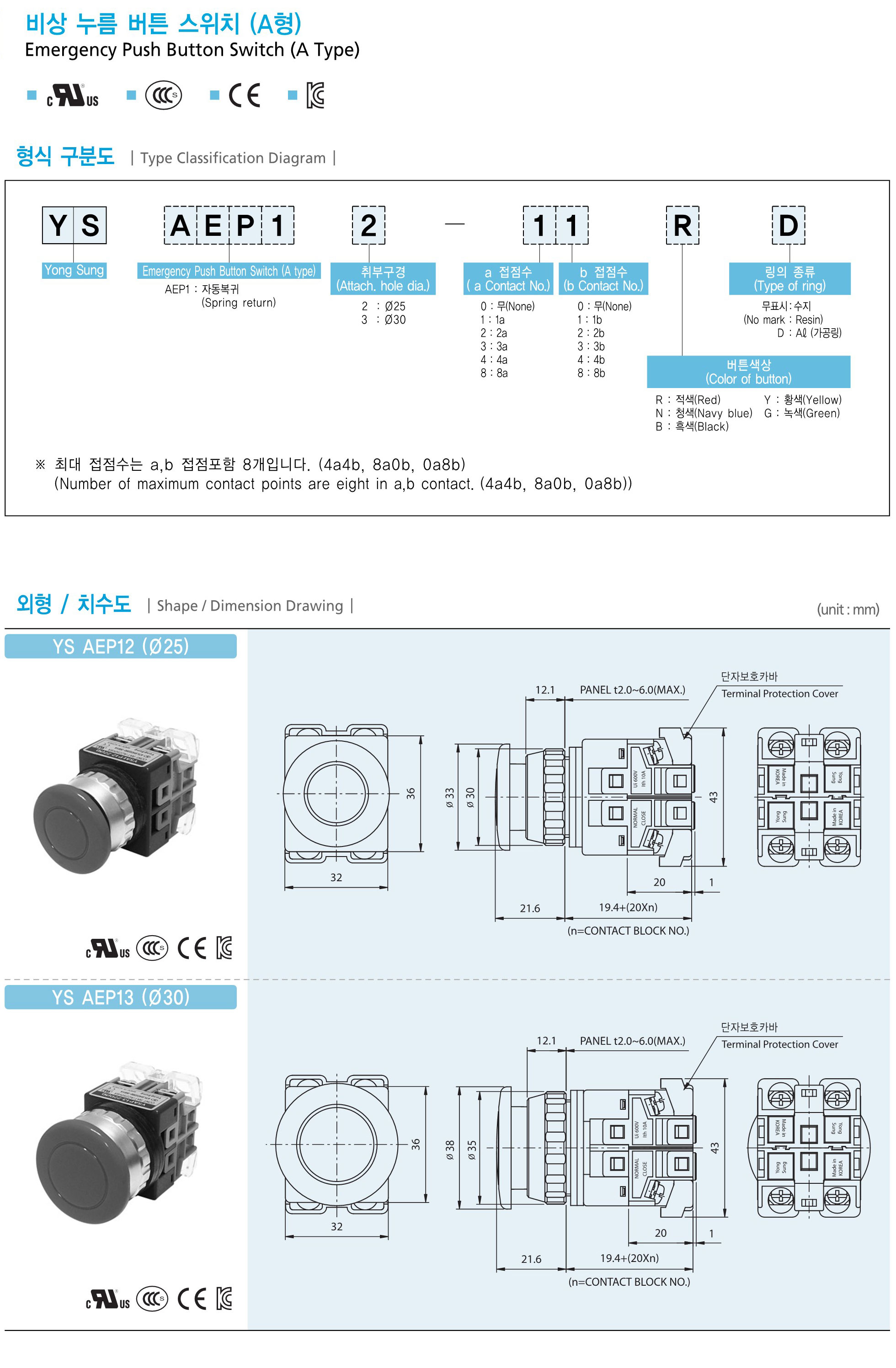 韩国龙声YONGSUNG YSAEP12、YSAEP13系列急停按钮开关英文目录。