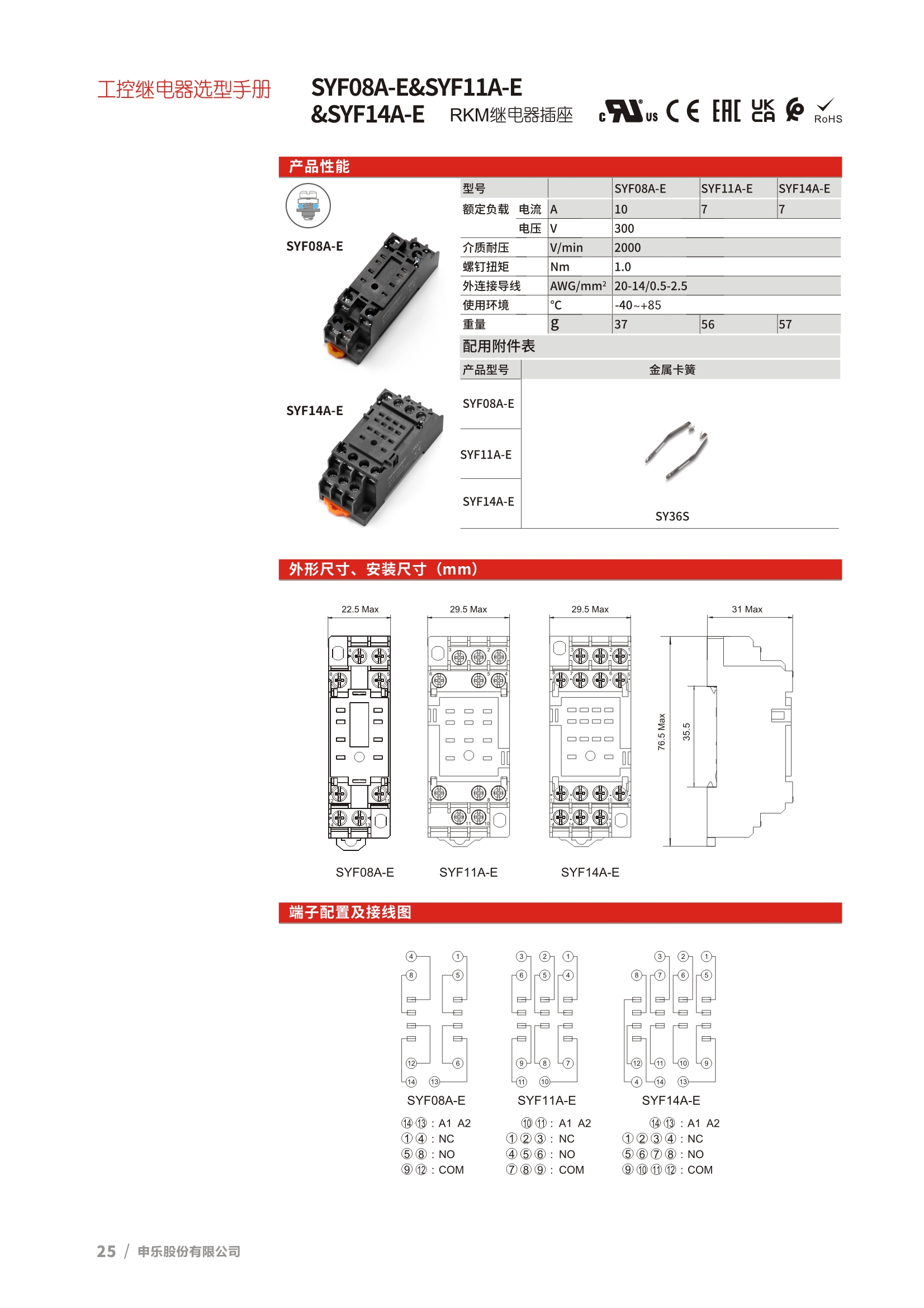 RKM、RKE 继电器的继电器底座SYF08A、 SYF11A 、SYF14A
