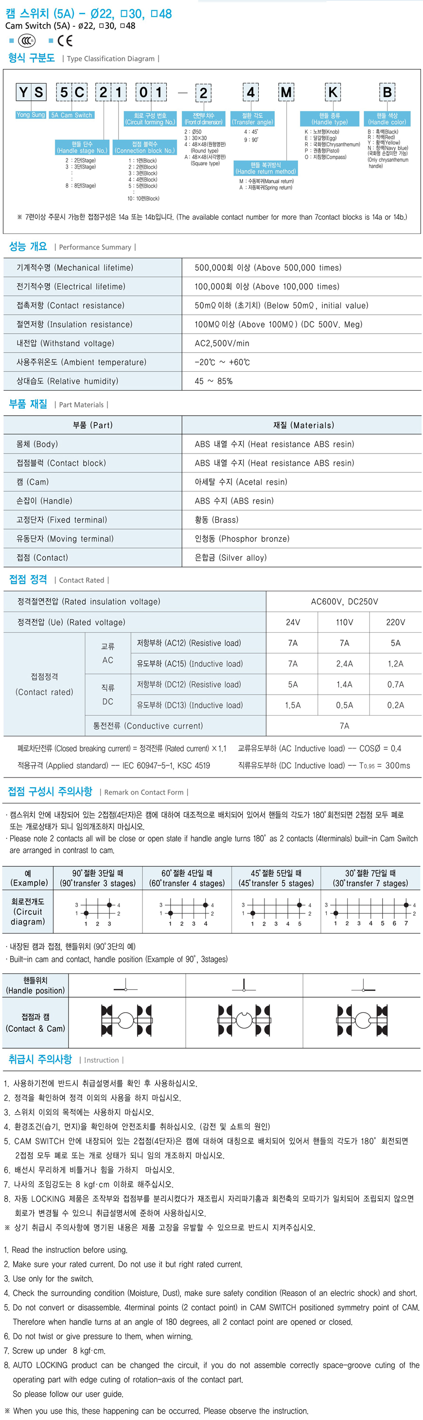 韩国龙声5A凸轮开关