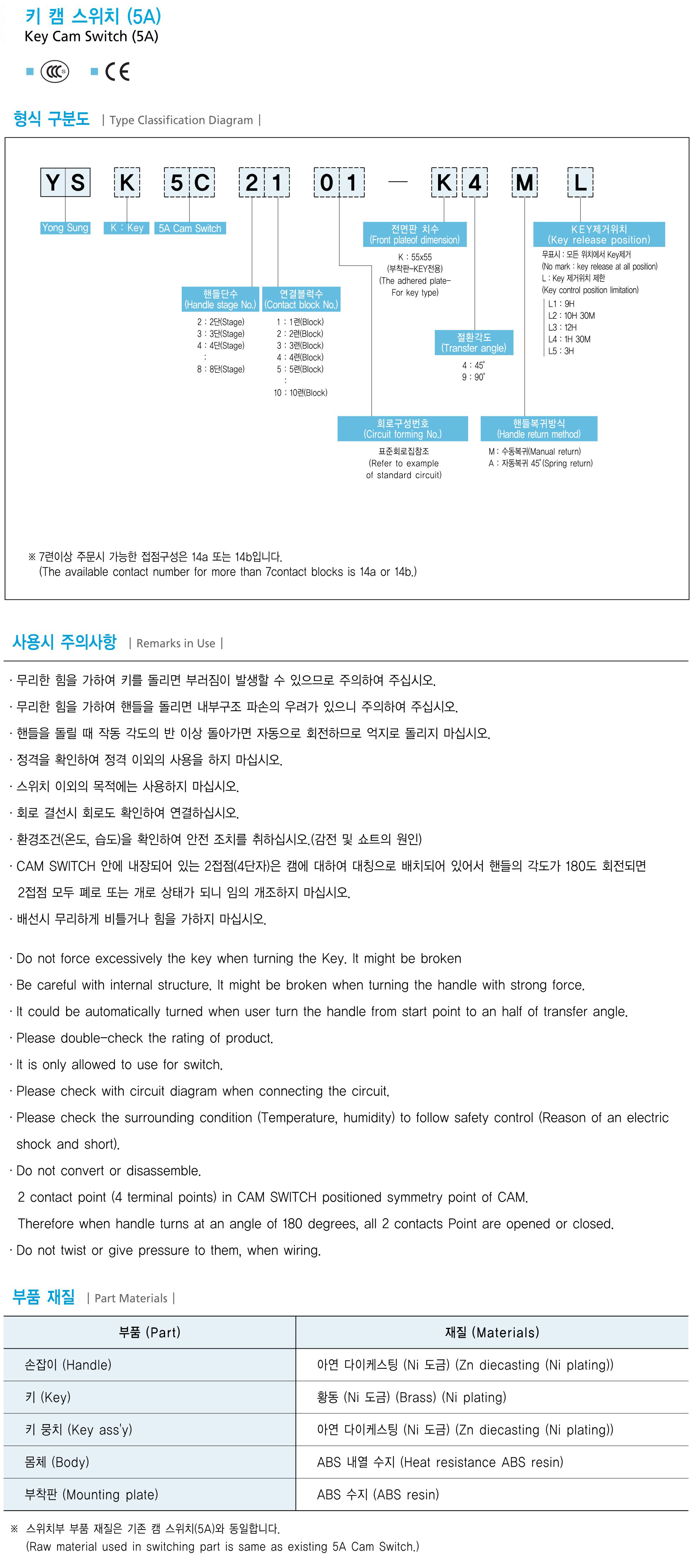 韩国YONGSUNG带灯转换开关5A