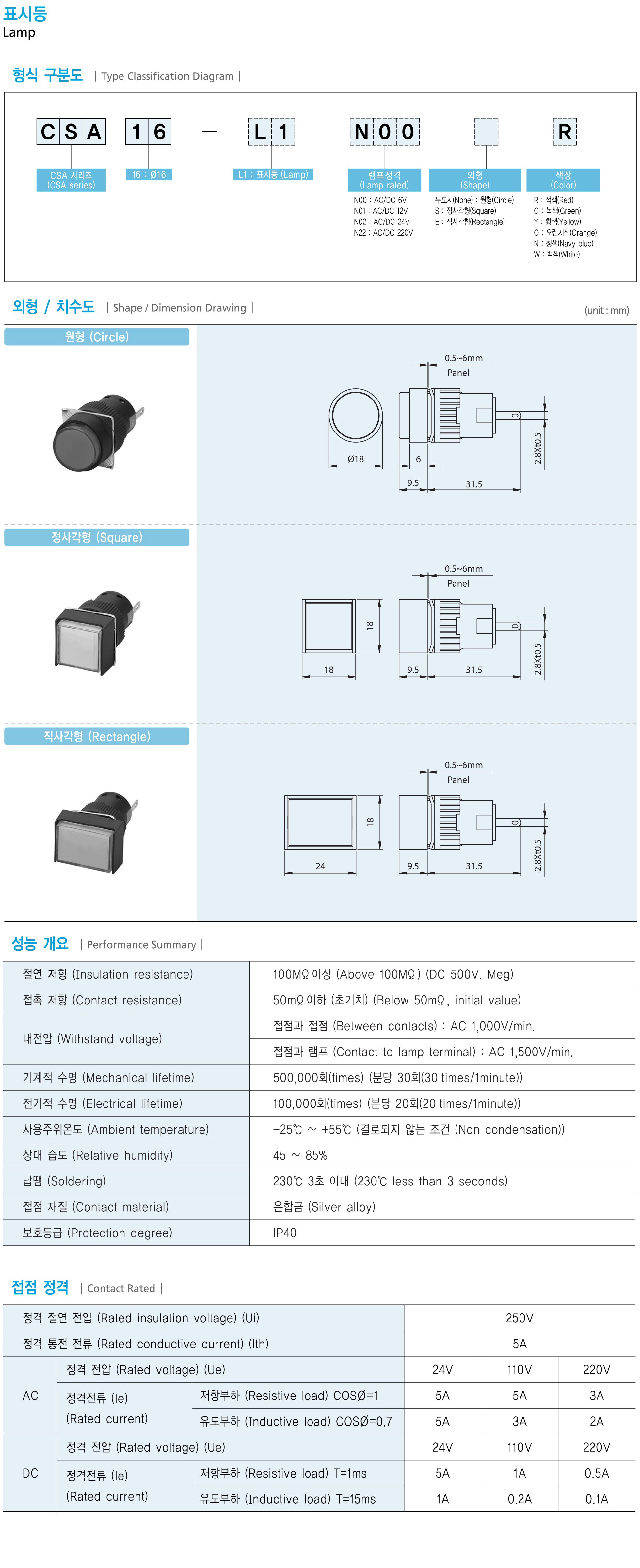 韩国龙声YONGSUNG CSA16系列指示灯产品资料