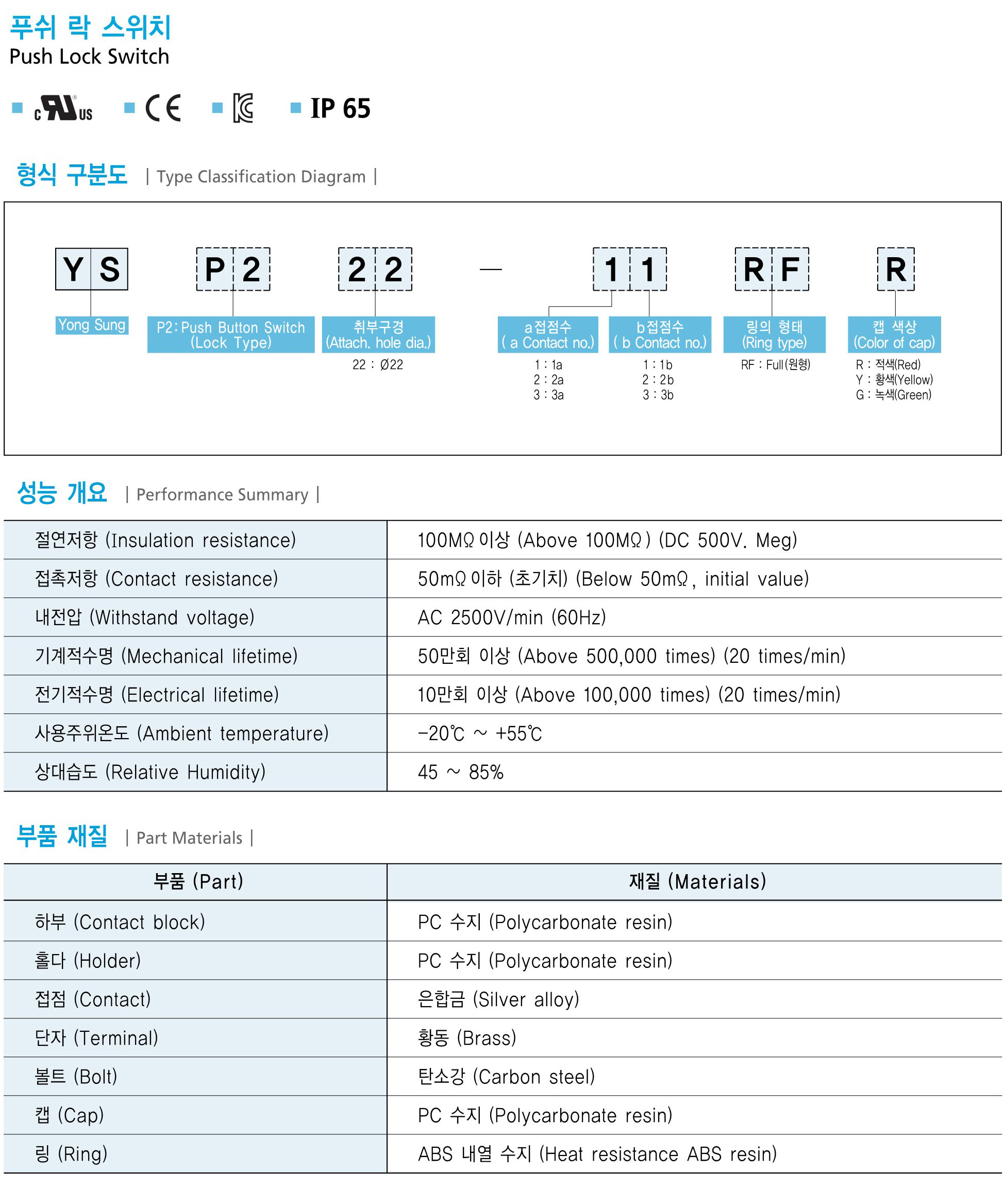 韩国龙声直径22mm系列锁定型按钮开关