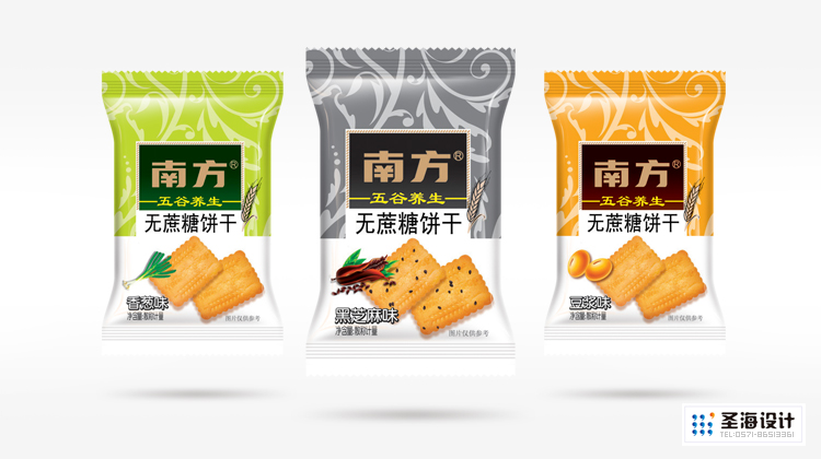 南方食品/黑五类/饼干包装设计/杭州包装设计/黑芝麻/白芝麻/蛋黄/花生/铁板煎饼/杭州圣海包装艺术设计有限公司