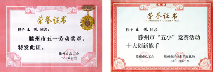 王佩荣获五一劳动奖章证书