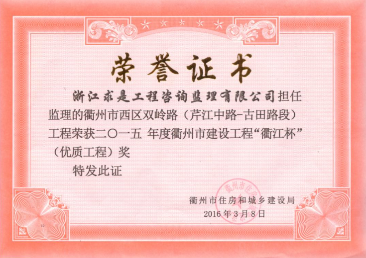 衢州市西区双岭路（芹江中路-古田路段）-“衢江杯”优质工程15年度