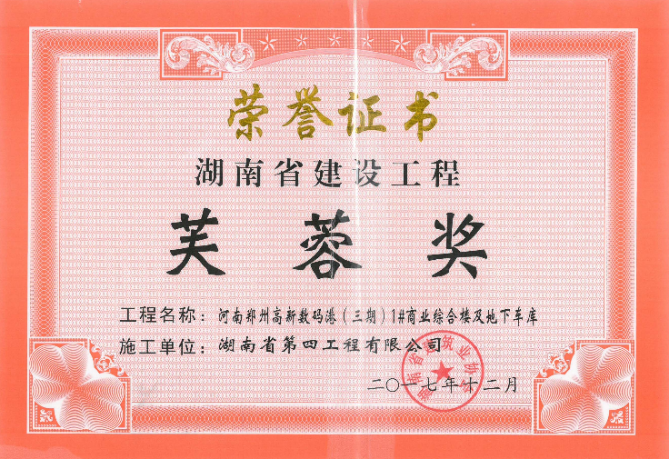 2015-2016年度第二批湖南省芙蓉奖——郑州高新数码港（三期）1#商业综合楼及地下车库