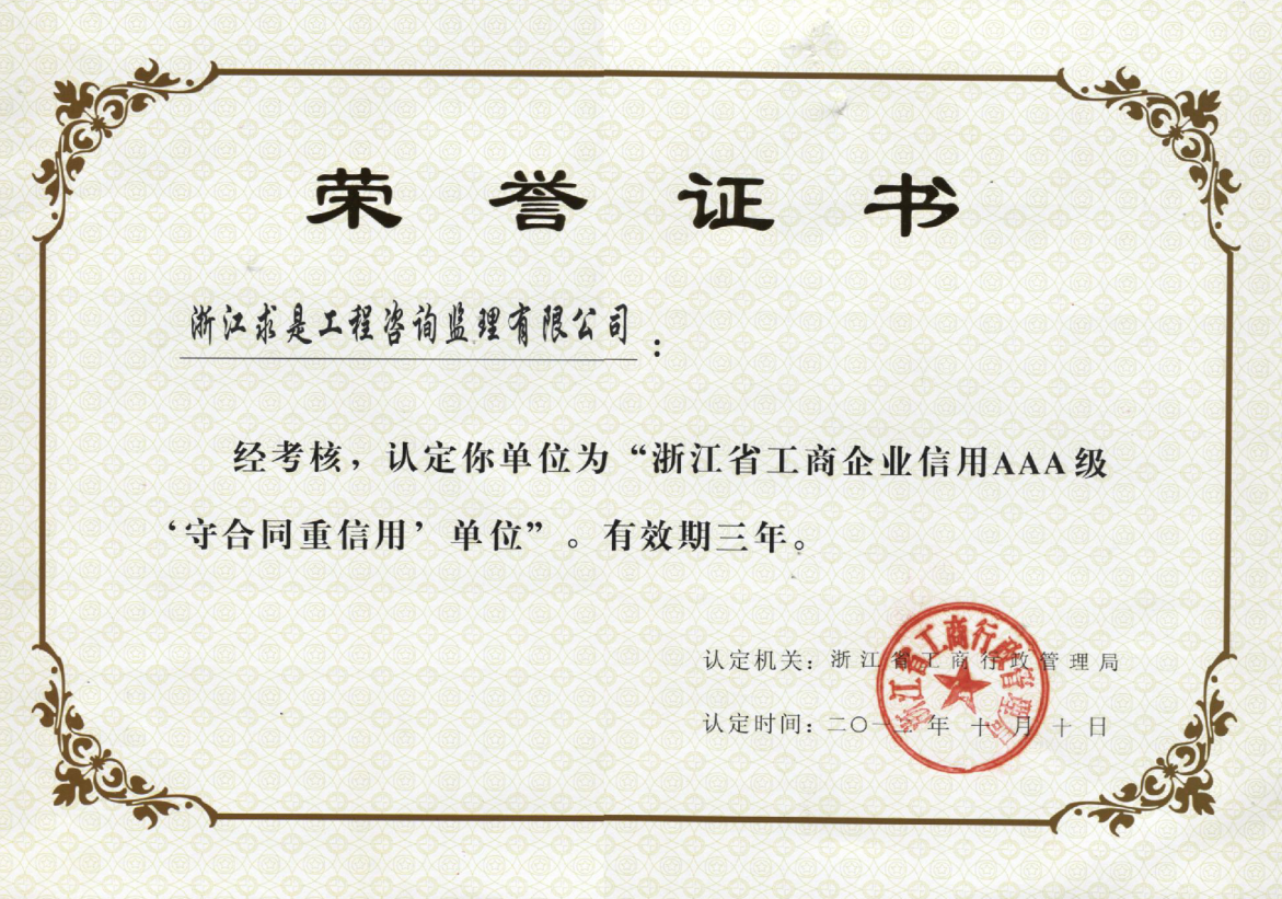2012年度浙江省工商AAA级“守合同重信用”证书