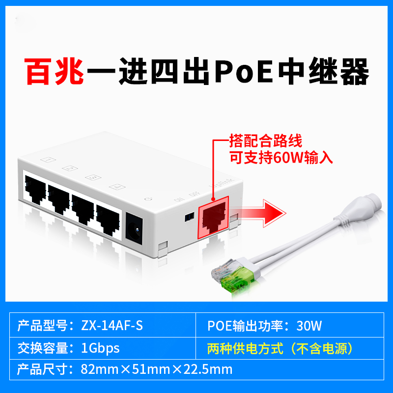 北讴POE中继器一分4/一进四出百兆监控补点宝室内网络延长器POE交换机标准48V端口聚合250米延长60W输入