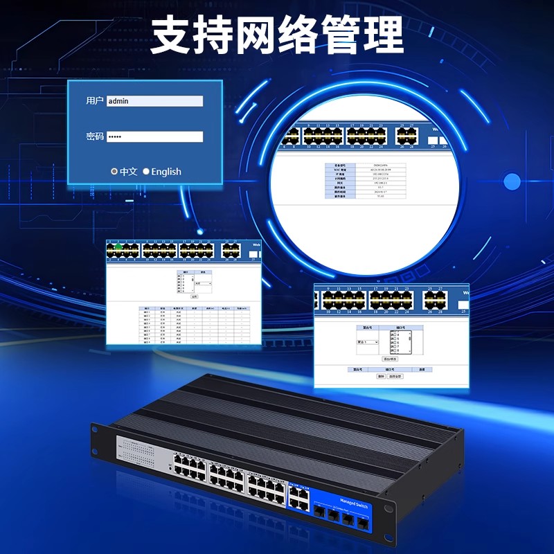 洪亚威视 工业级千兆管理型24口poe交换机+4个千兆光电复用口以太网链路聚合VLAN划分1U机架式安装大功率400W