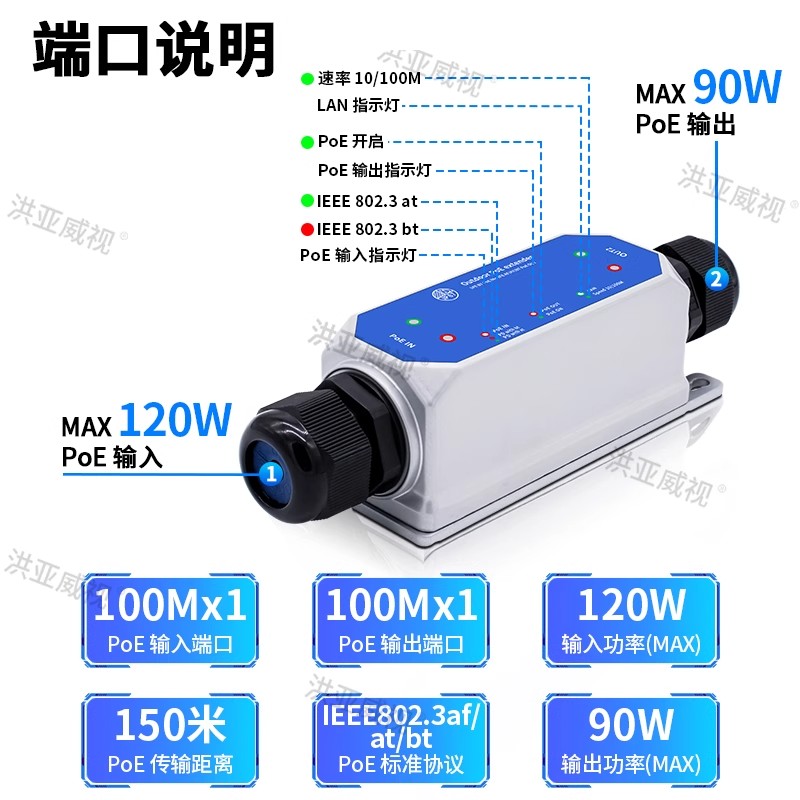 洪亚威视 标准POE延长器1进1出/1进2出百兆千兆监控48V POE供电中继器IP67户外防尘防水网线对接头防水转接头