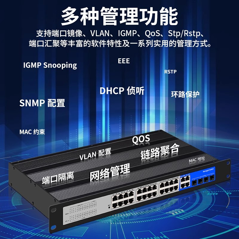 洪亚威视 工业级千兆管理型24口poe交换机+4个千兆光电复用口以太网链路聚合VLAN划分1U机架式安装大功率400W