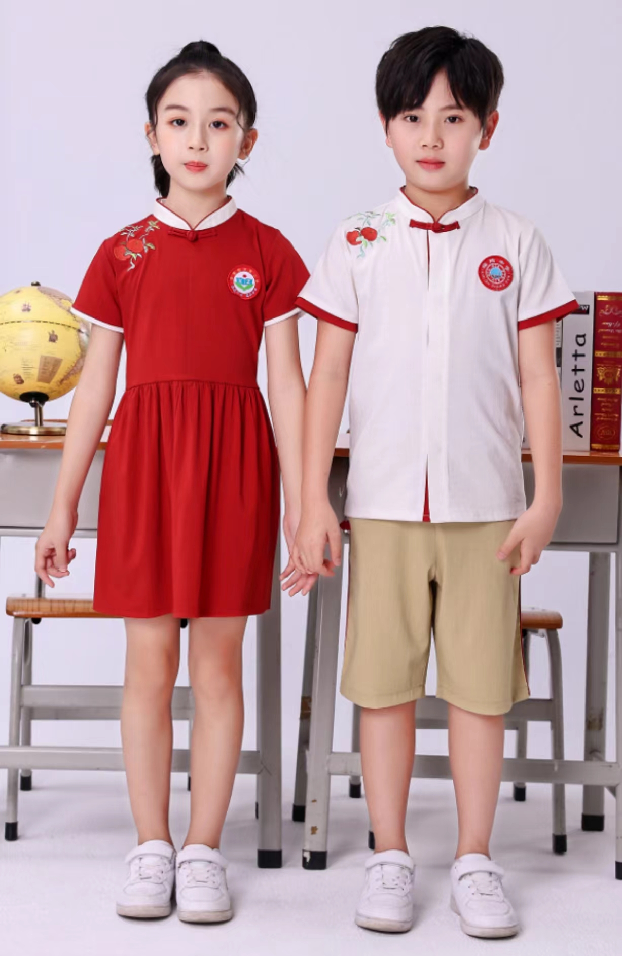 中国风学生装小学女款红色套装