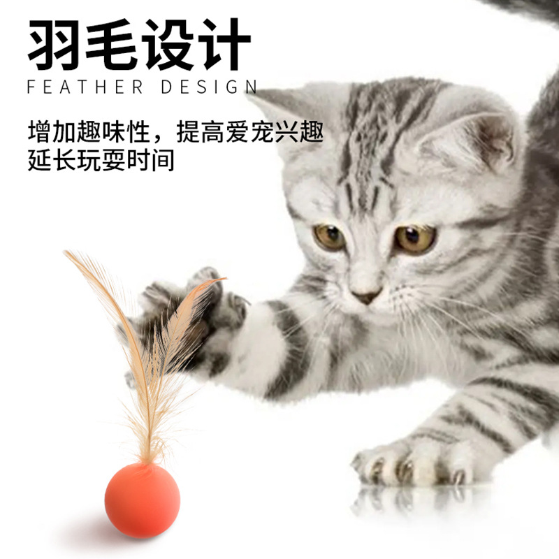 亞馬遜新品寵物彈力球高回彈貓咪啃咬玩具帶羽毛人寵互動球玩具球
