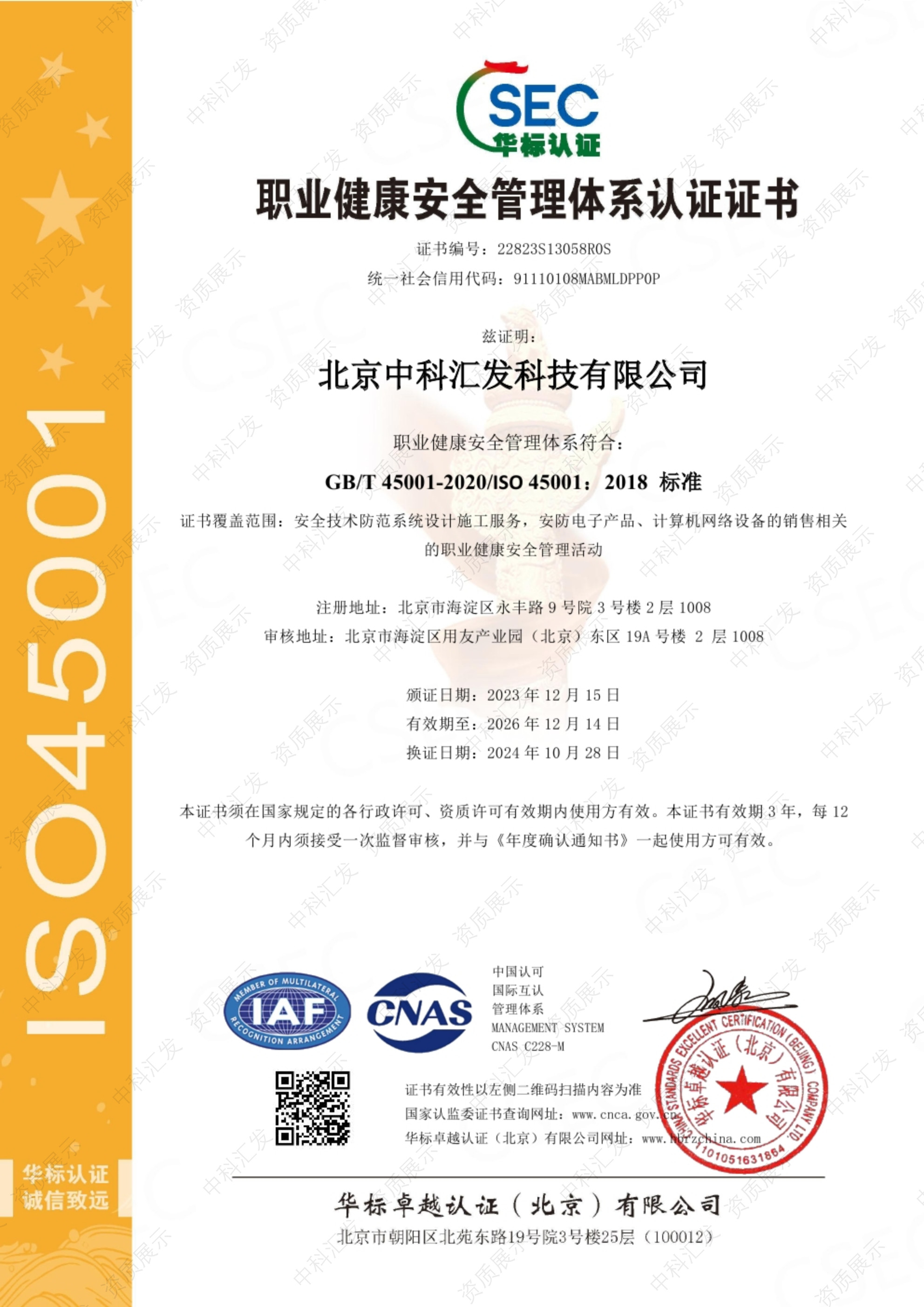 ISO45001中文带标证书