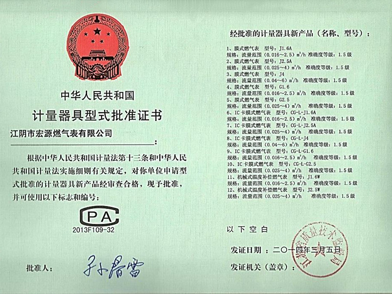 计量器具型式批准证书
