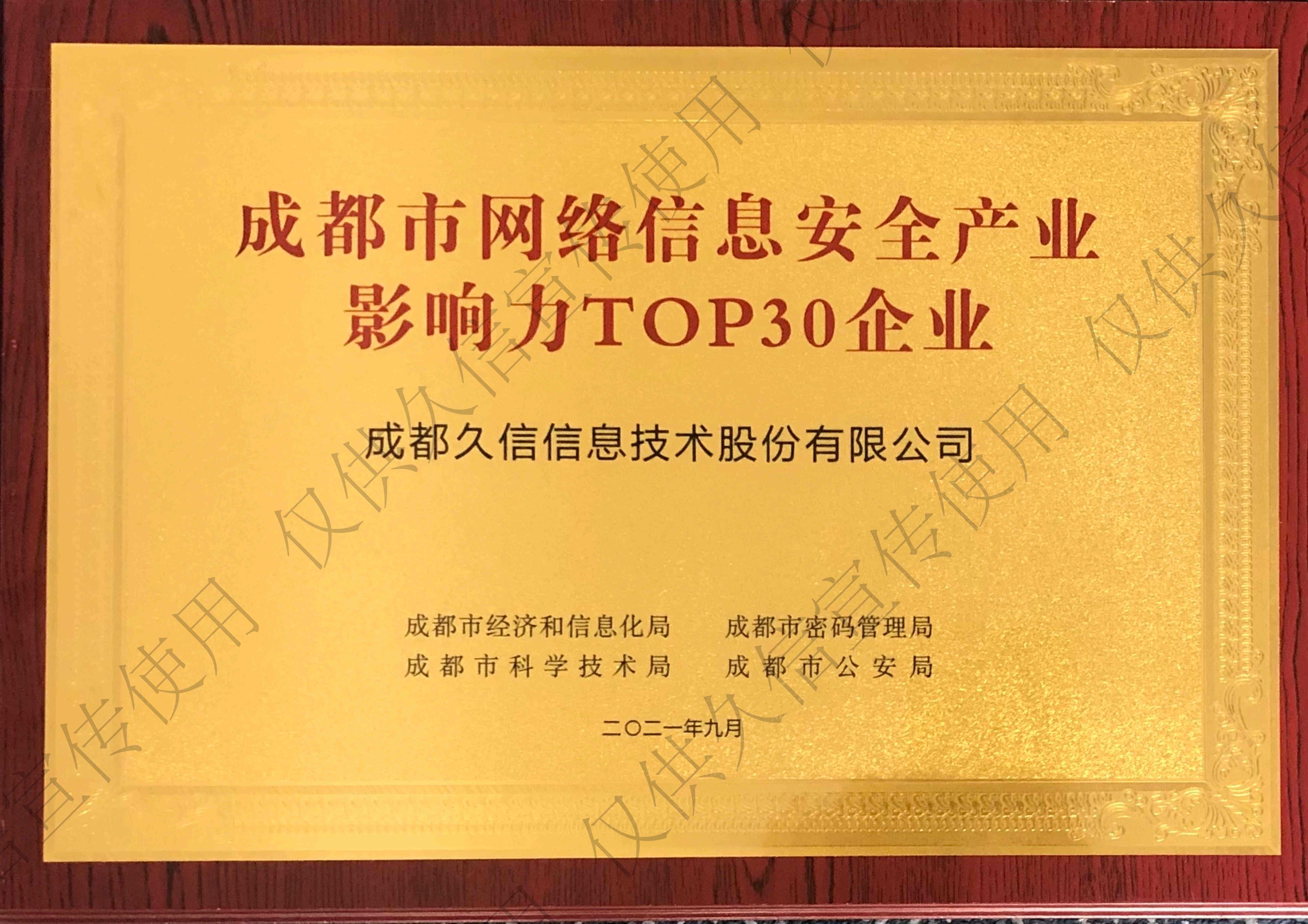 成都市网络信息安全产业影响力TOP30企业