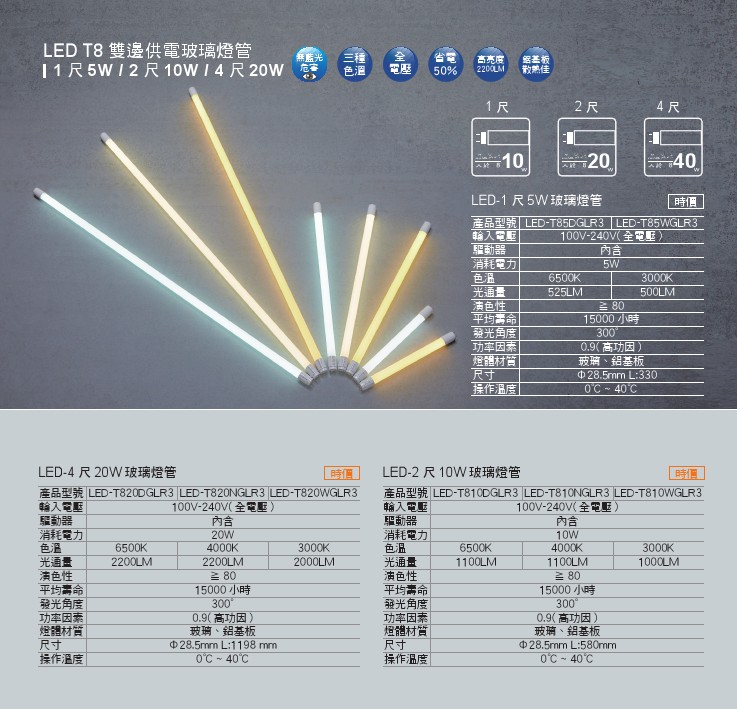 LED T8雙邊供電玻璃燈管