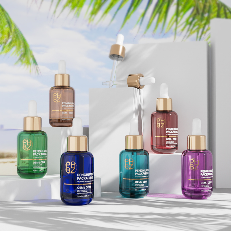 新品30ml精華液滴管瓶圓肩精油瓶多色玻璃原液肌底液瓶包材瓶批發 編