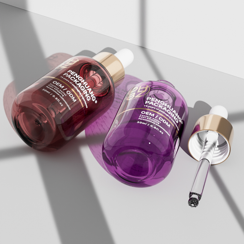 新品30ml精華液滴管瓶圓肩精油瓶多色玻璃原液肌底液瓶包材瓶批發 編