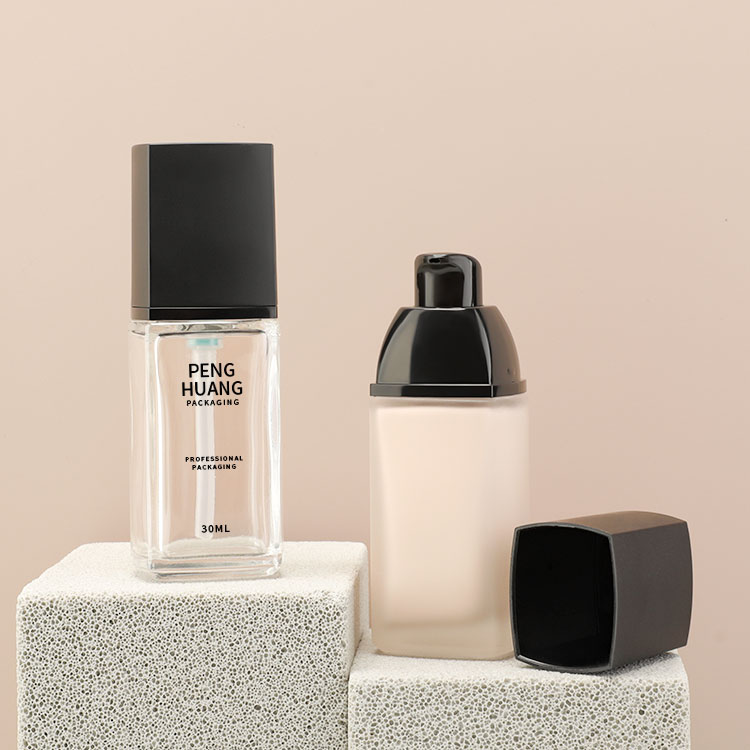 30ml按壓泵粉底液包材瓶 方形透明蒙砂玻璃BB霜瓶 粉底液空瓶批發