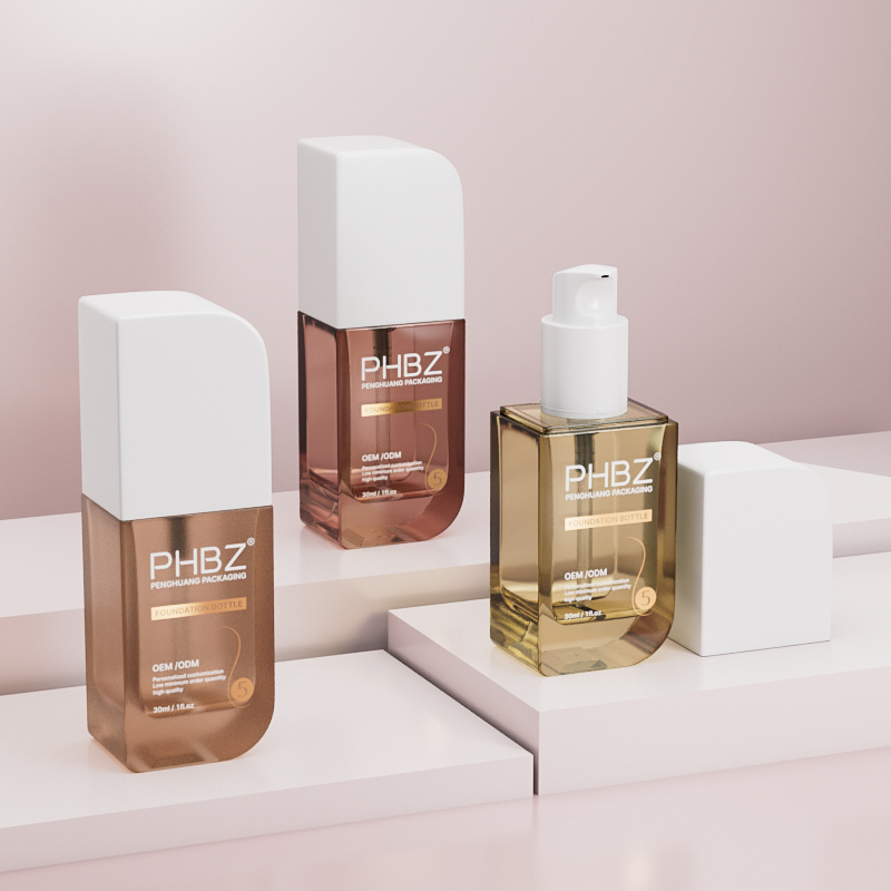 高品質厚底方形乳液瓶30ml玻璃按壓分裝瓶半透蒙砂粉底液瓶批發