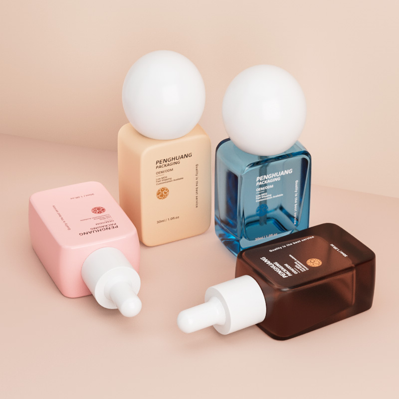 30ml方形粉底液瓶 厚底圓球蓋化妝品精華液按壓泵頭瓶玻璃滴管瓶