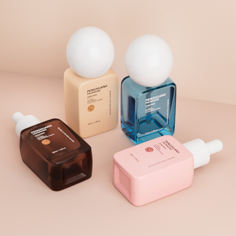 30ml方形粉底液瓶 厚底圓球蓋化妝品精華液按壓泵頭瓶玻璃滴管瓶