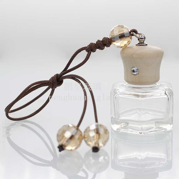 10ml六面型汽車掛飾瓶配水晶珠子楓木蓋子