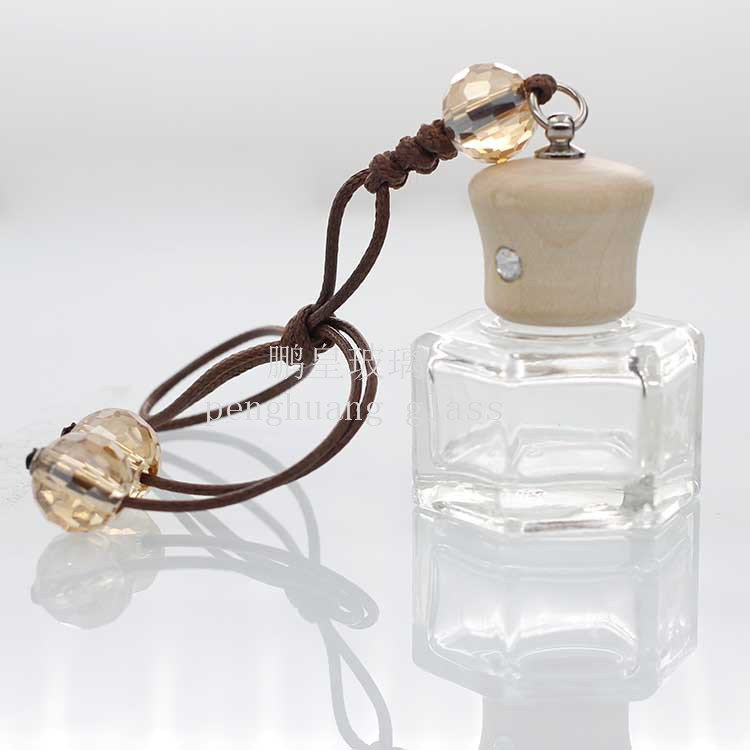 10ml六面型汽車掛飾瓶配水晶珠子楓木蓋子