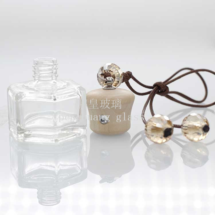 10ml六面型汽車掛飾瓶配水晶珠子楓木蓋子