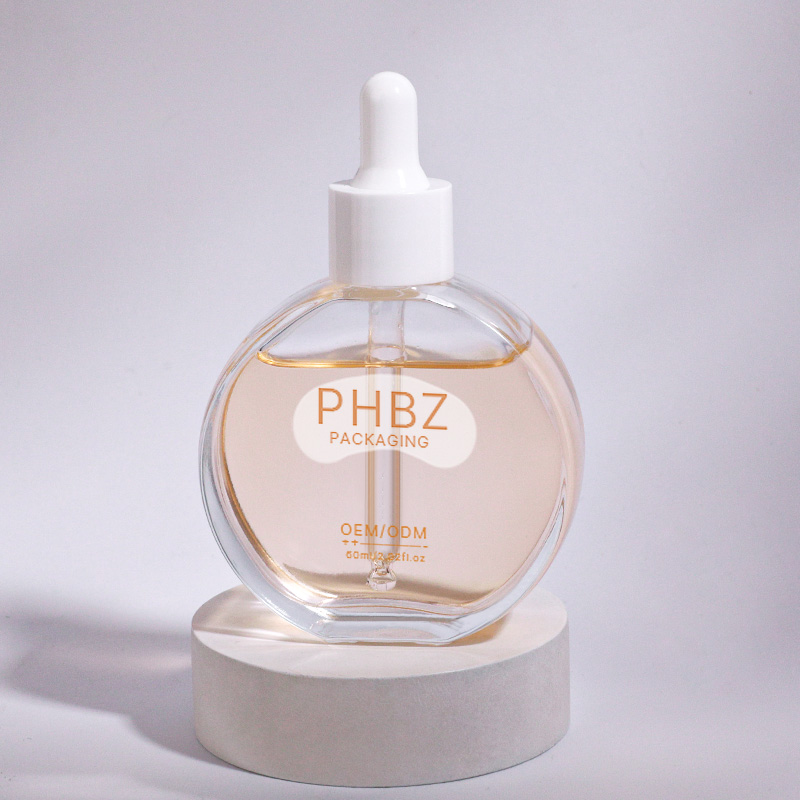 廠家定制30ml扁圓臉部精華原液瓶 玻璃精油原液滴管瓶 化妝品包材