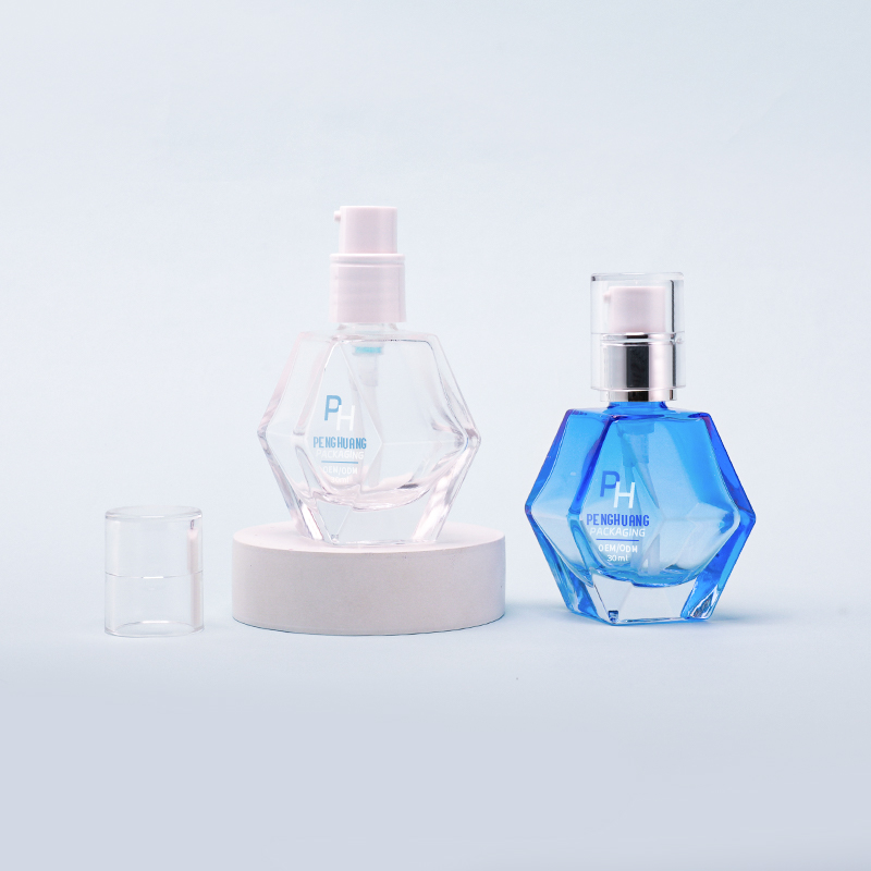 30ml粉底液瓶透明蓝色渐变按压泵头玻璃瓶菱形隔离霜空瓶子批发