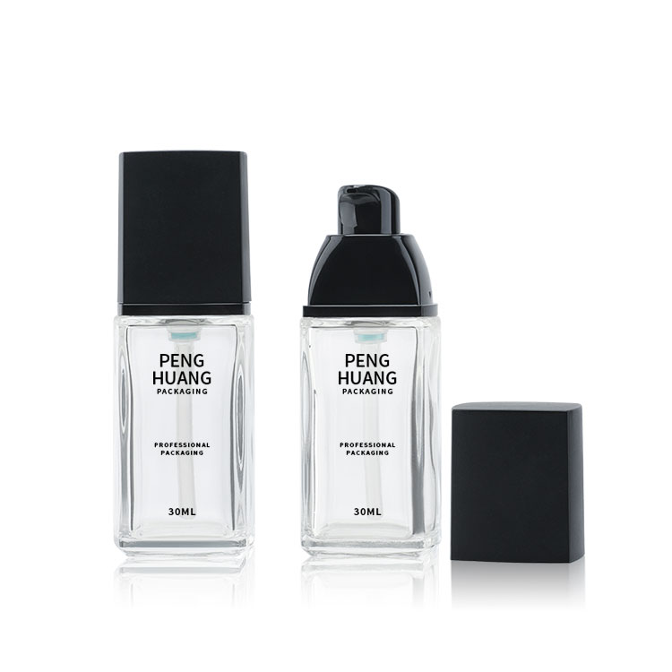 30ml按壓泵粉底液包材瓶 方形透明蒙砂玻璃BB霜瓶 粉底液空瓶批發