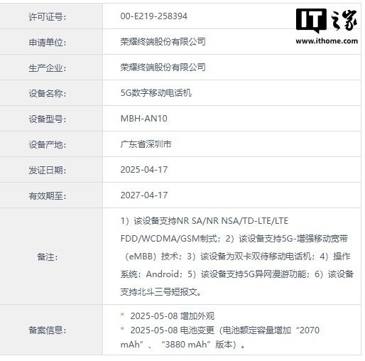 荣耀神秘新机获工信部认证，支持北斗三号短报文功能