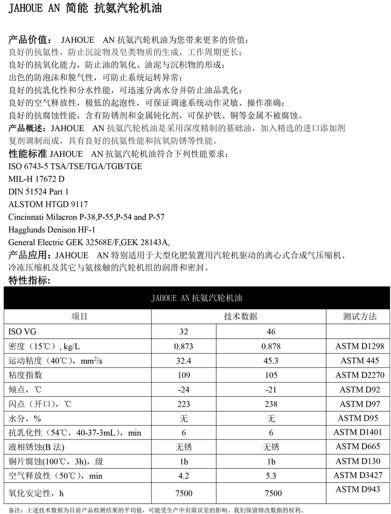 JAHOUE-AN简能-抗氨汽轮机油