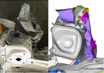 图6 40%偏置碰撞前纵梁变形模式对比