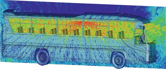Wi-Fi覆盖仿真：采用时域求解器对巴士中Wi-Fi天线的辐射电场分布仿真